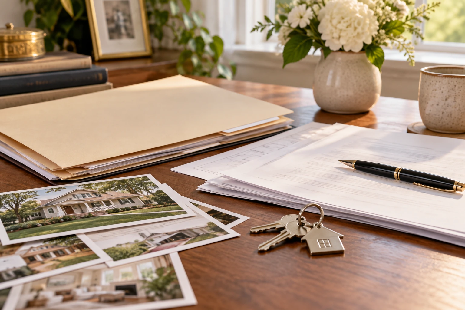 Title documents and house keys on a quiet family home desk