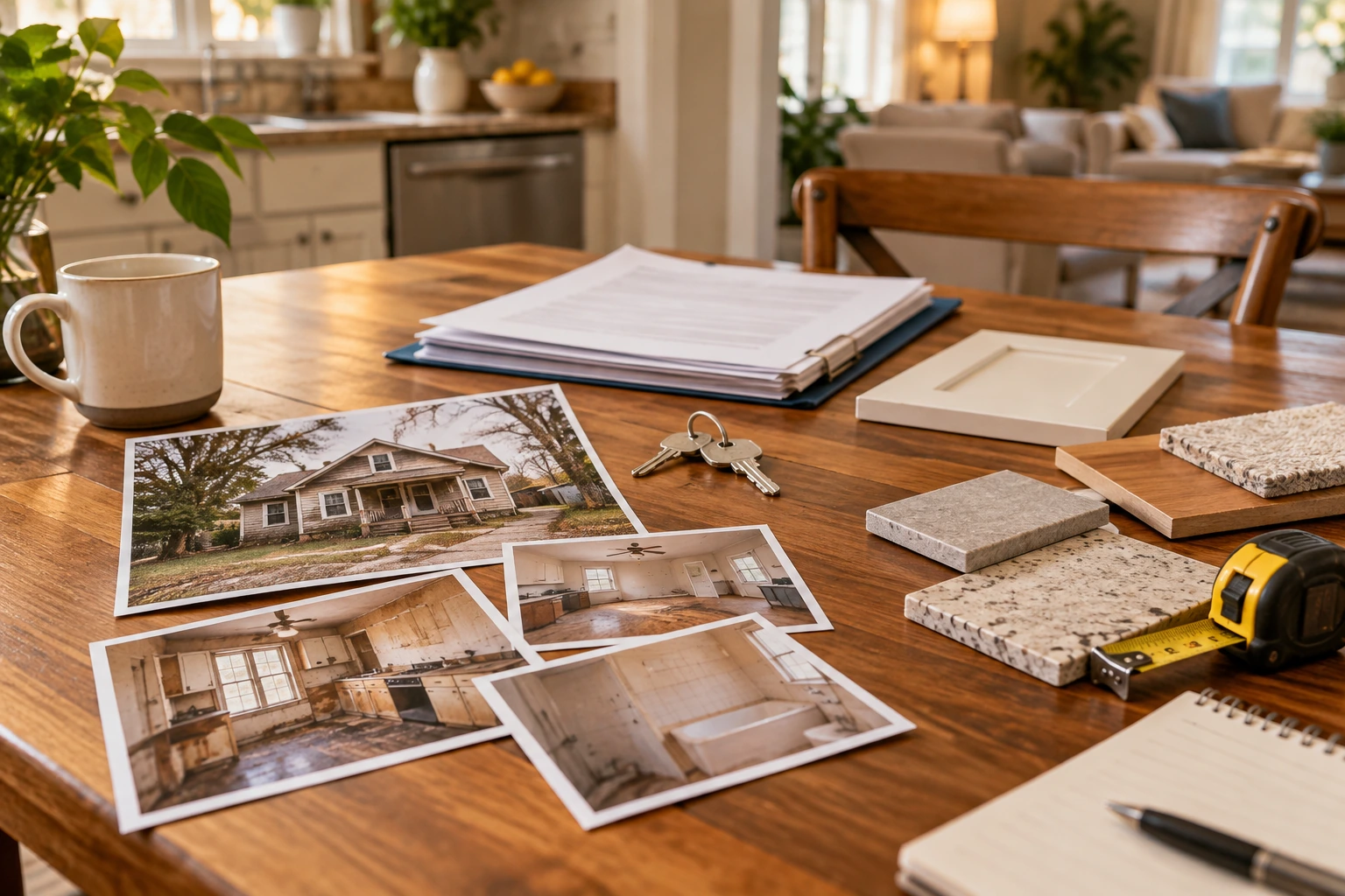 Inherited home repair materials and property photos arranged with keys