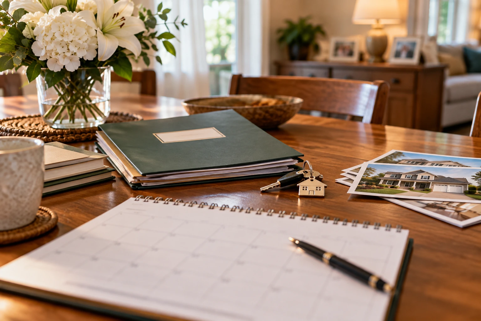 A home sale calendar and keys arranged after a death