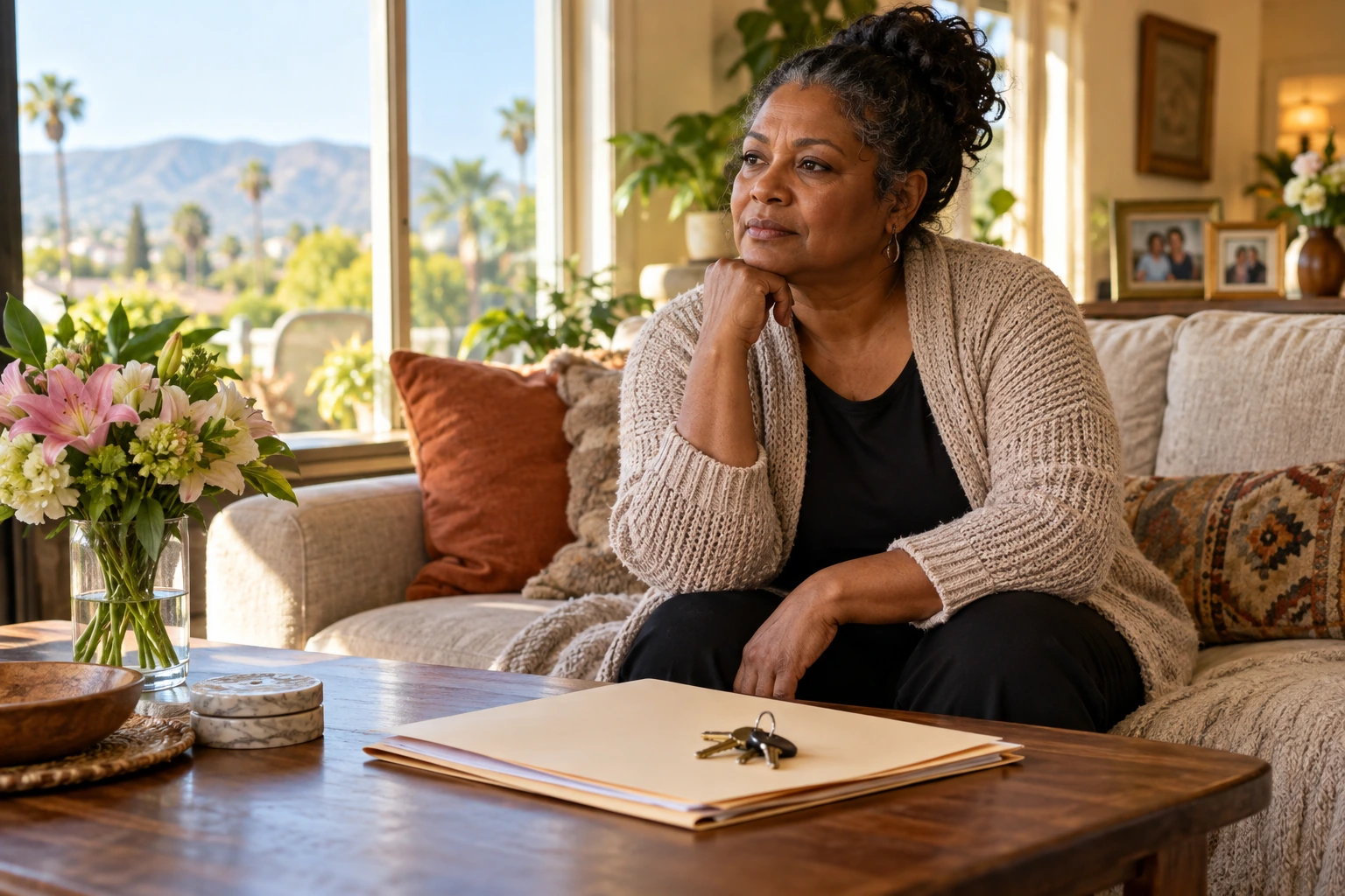 A surviving spouse reviewing house papers in a quiet living room
