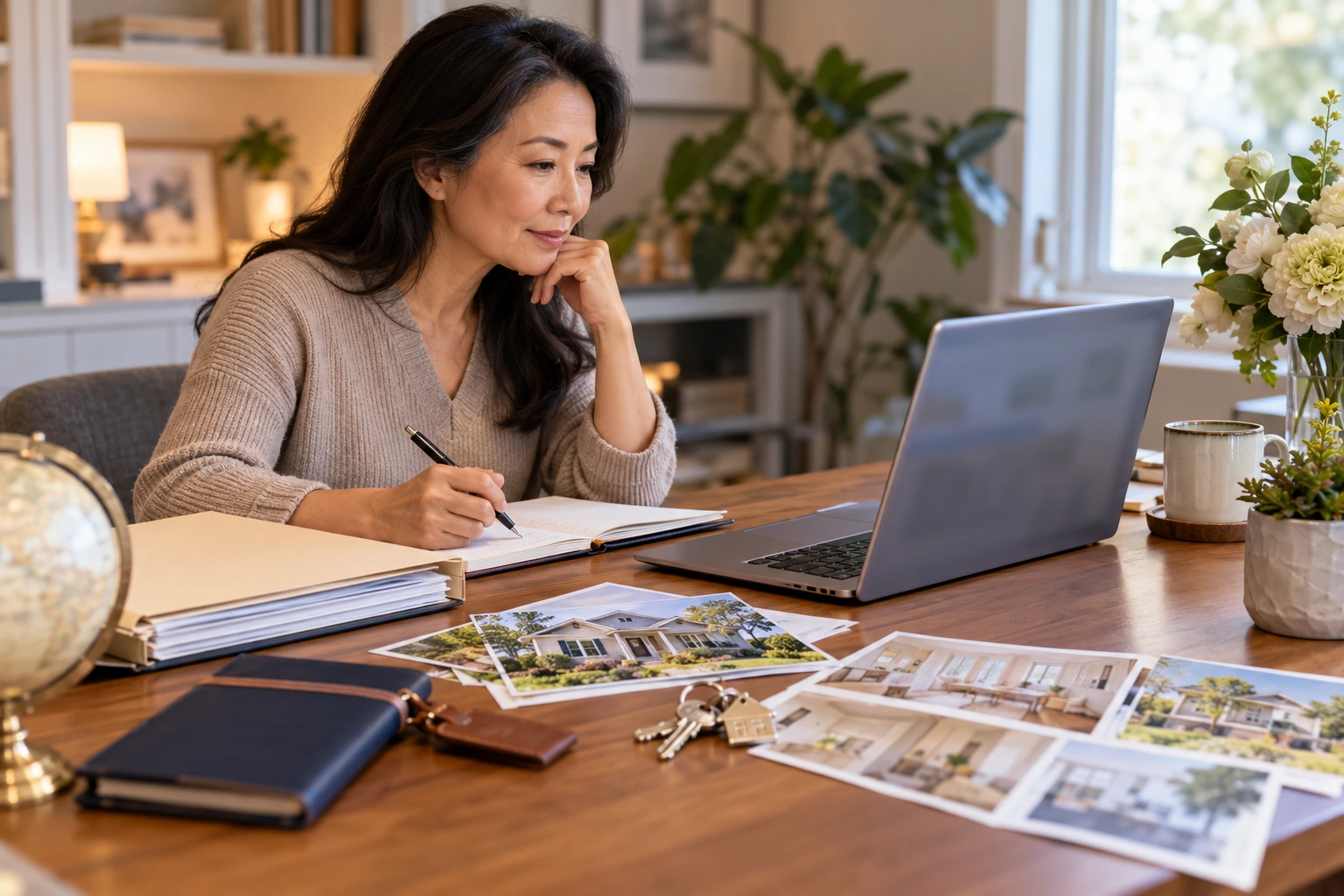 A long-distance inherited home planning scene with laptop and property papers