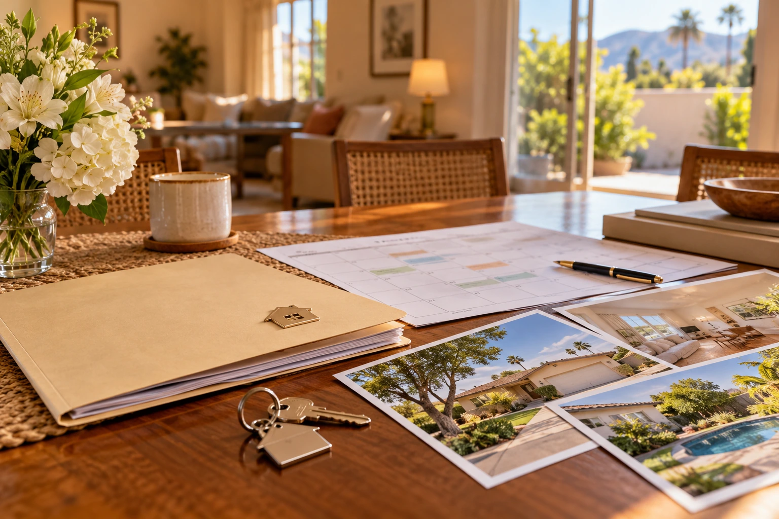 An inherited home sale timeline planned beside keys and property papers