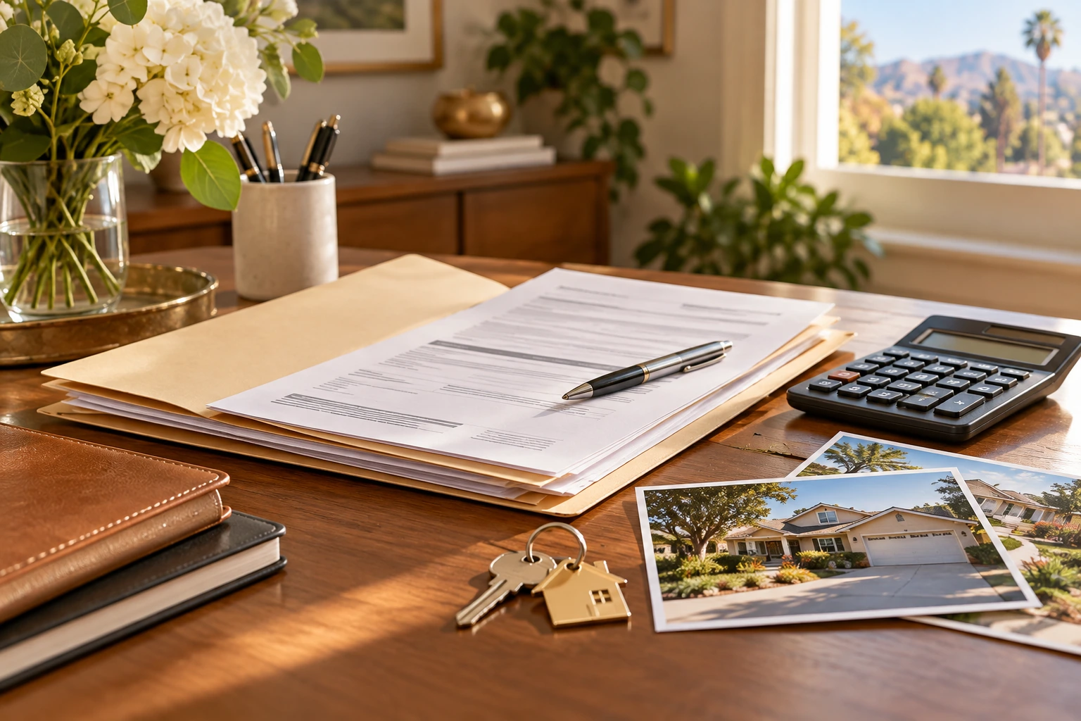 Inherited property tax papers arranged with keys in a quiet home office
