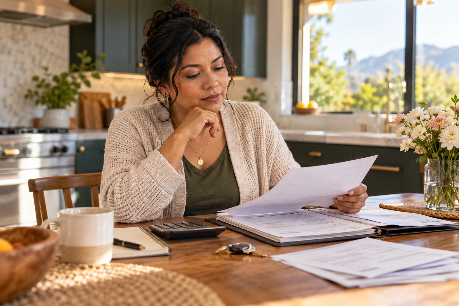 A homeowner reviewing household bills and mortgage options after a loss