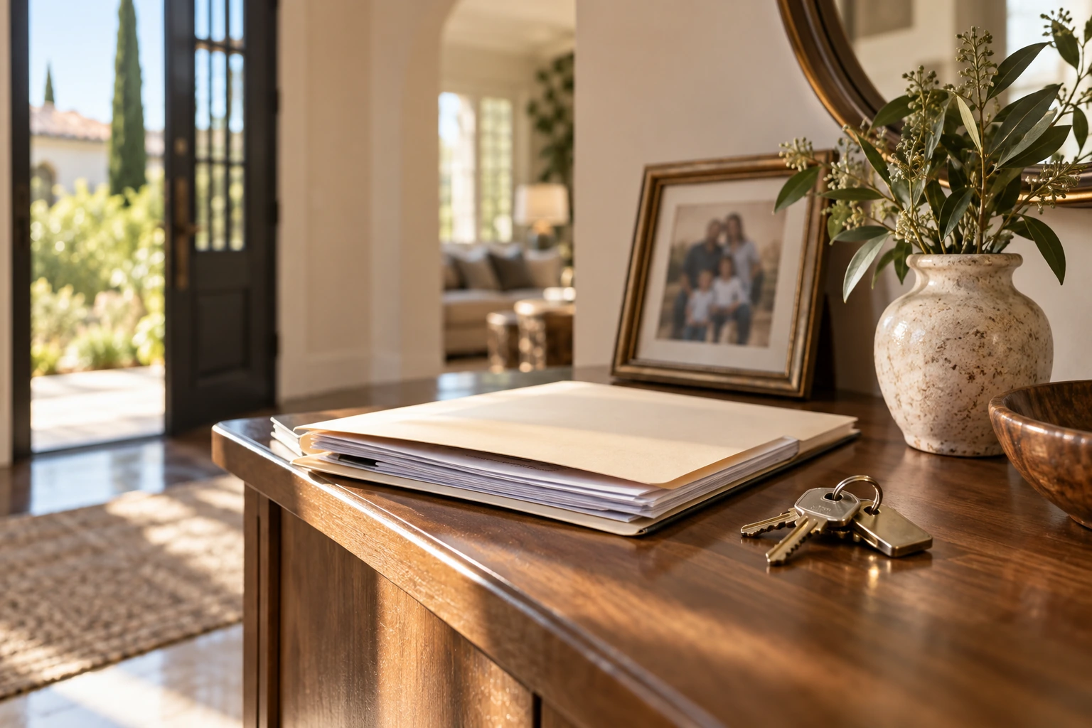 A homeowner reviewing title papers and house keys in an elegant entry