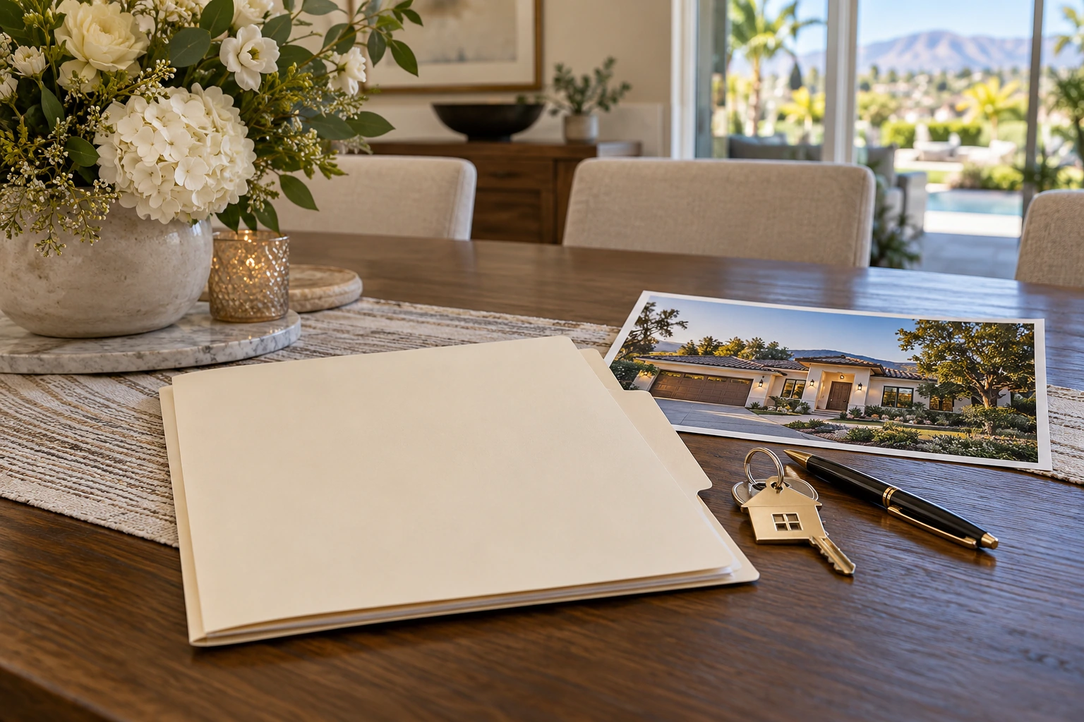 Estate planning papers, house keys, and a calm inherited home photo