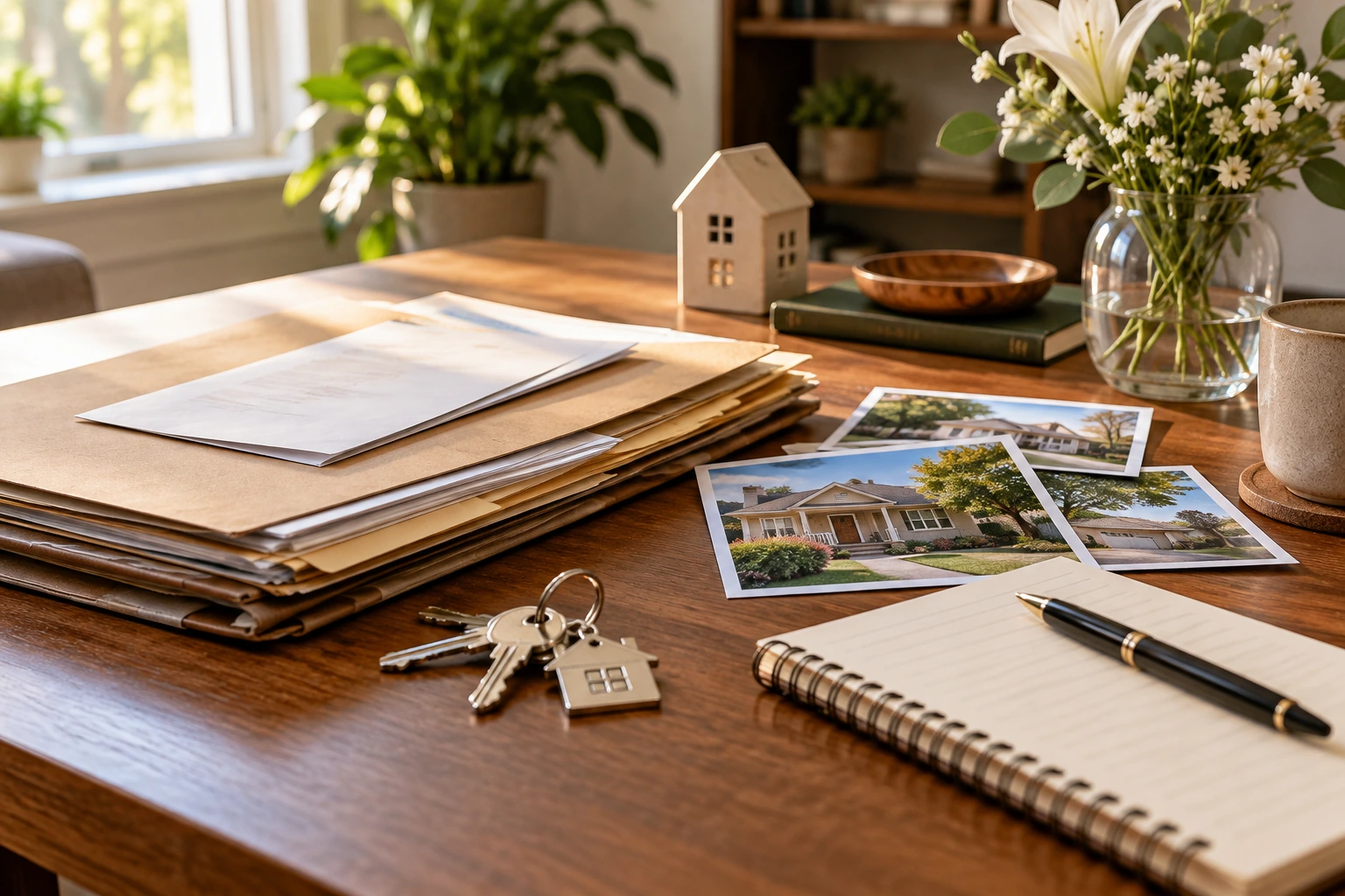 First-step estate folders and keys arranged in a calm home
