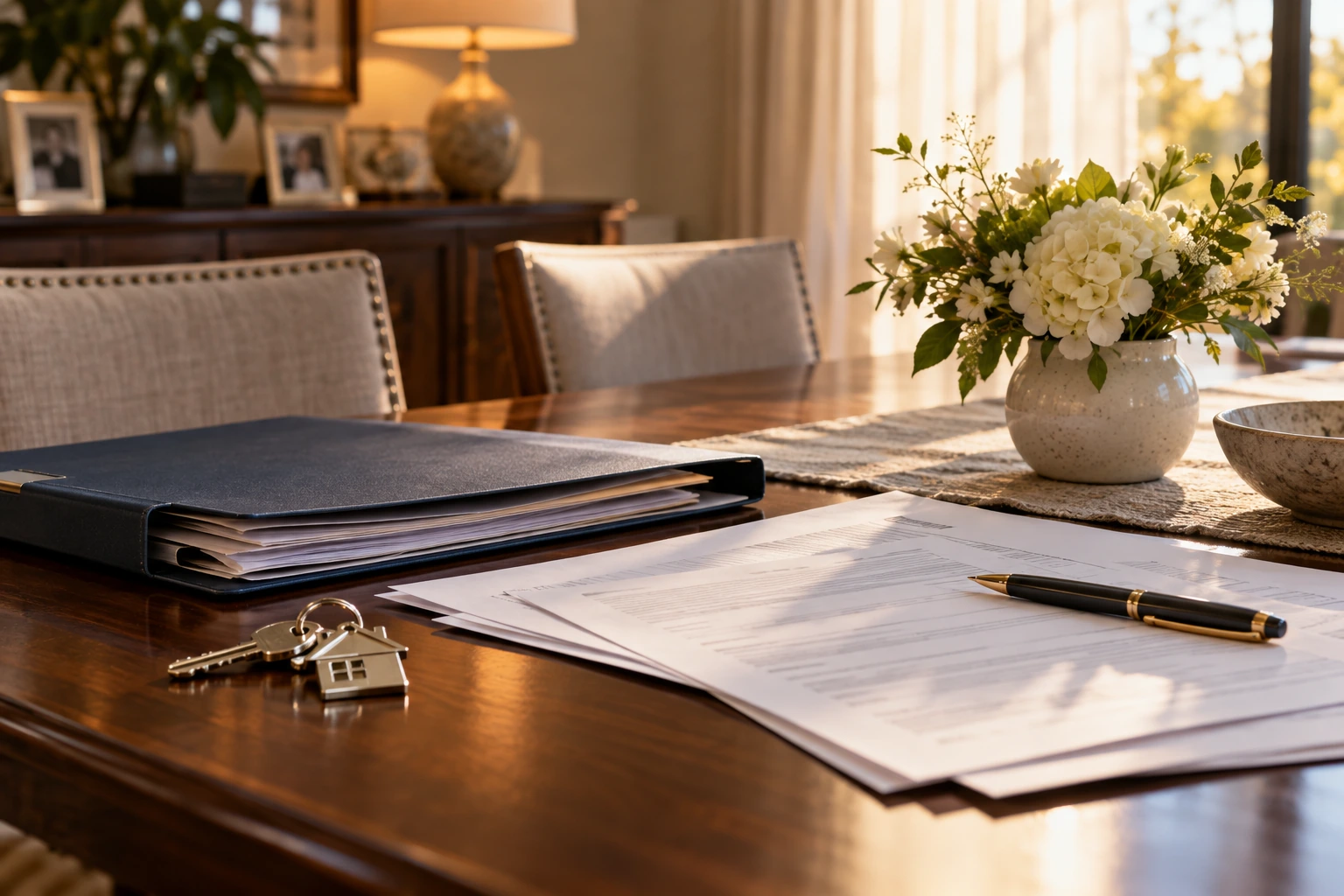 Mortgage paperwork and house keys arranged in a calm family home
