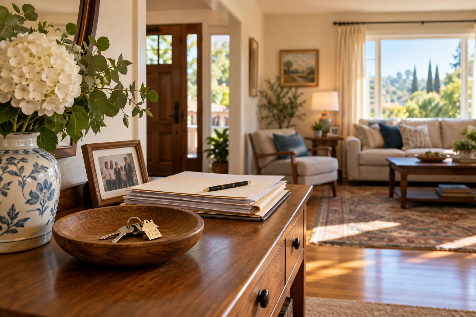 A quiet family home entry with keys, flowers, and estate papers on a table