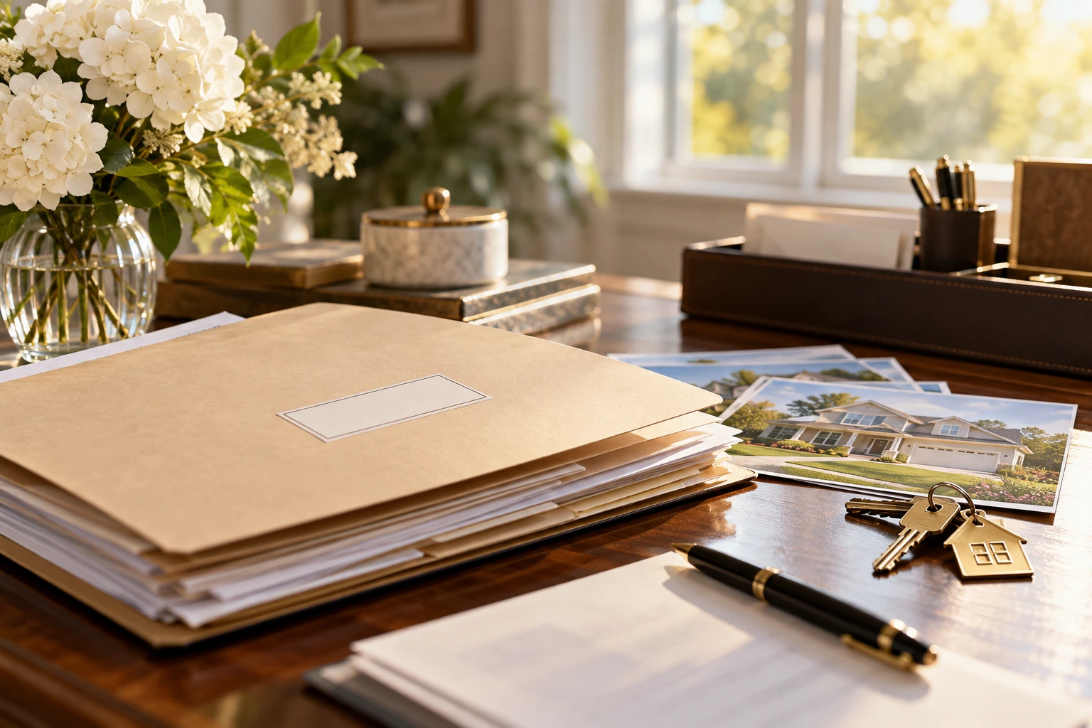 Probate paperwork and property photos arranged before a home sale