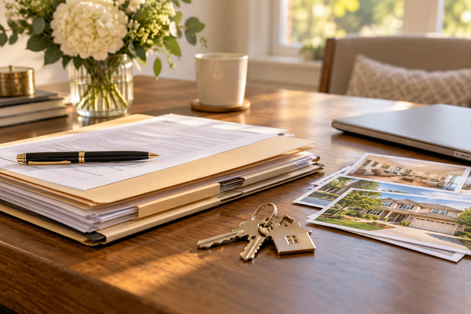 Probate sale paperwork with keys in a quiet home setting