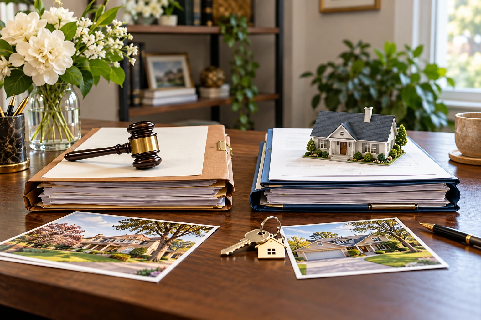 Probate sale folder beside regular home sale paperwork and keys
