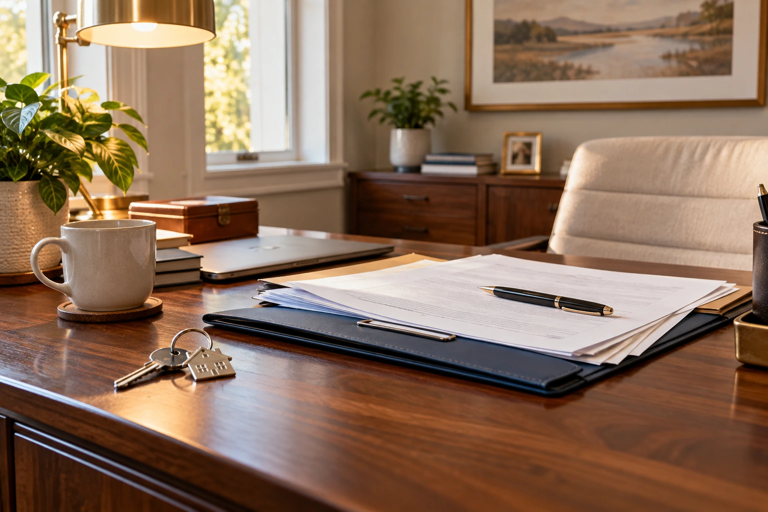 Refinance paperwork and house keys in a calm home office