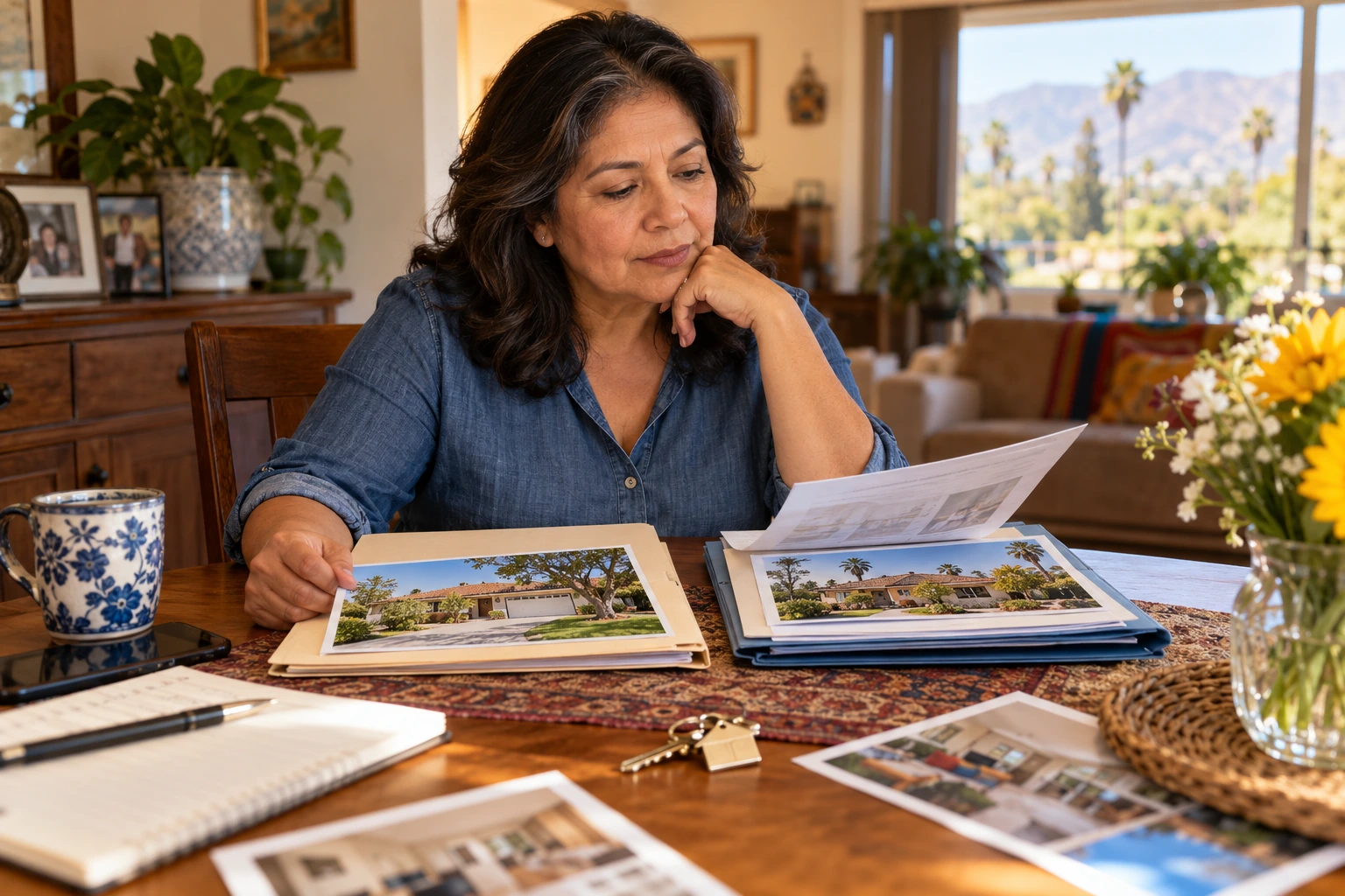 A homeowner comparing sale and rental notes for a parents house