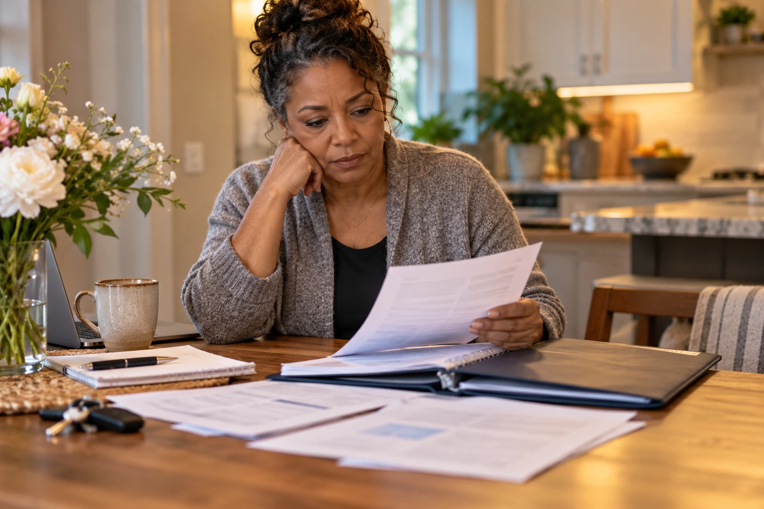 A surviving spouse reviewing mortgage options at home