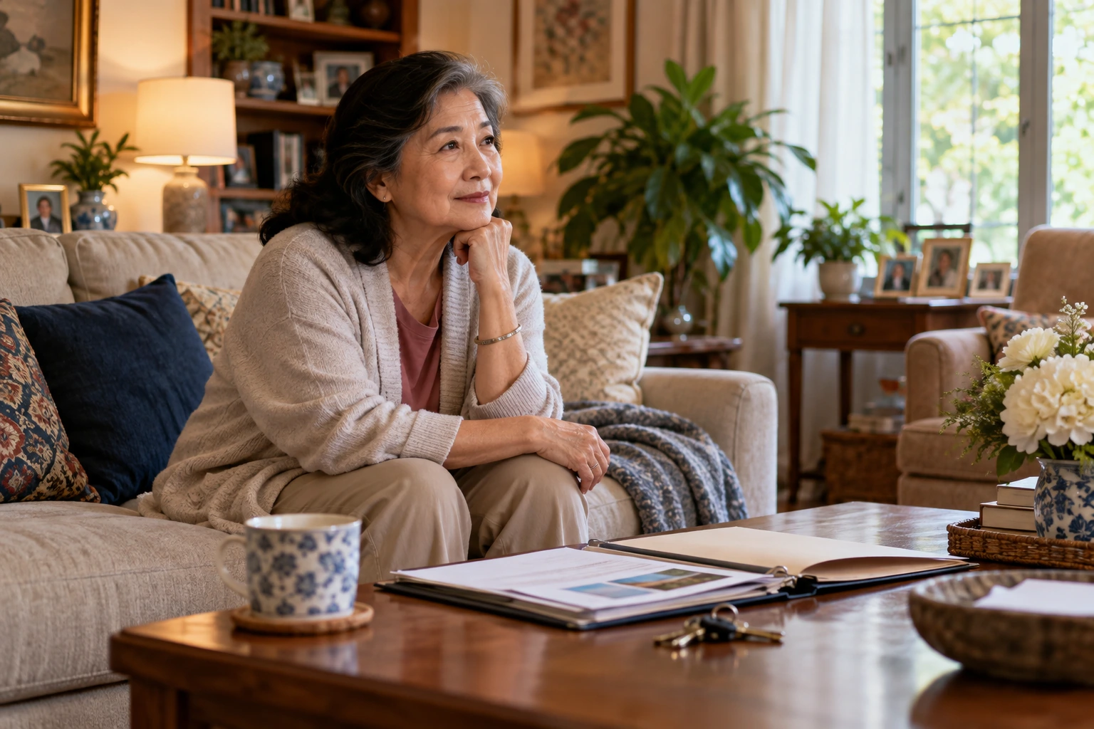 A surviving spouse sitting in a meaningful home with keys and papers nearby