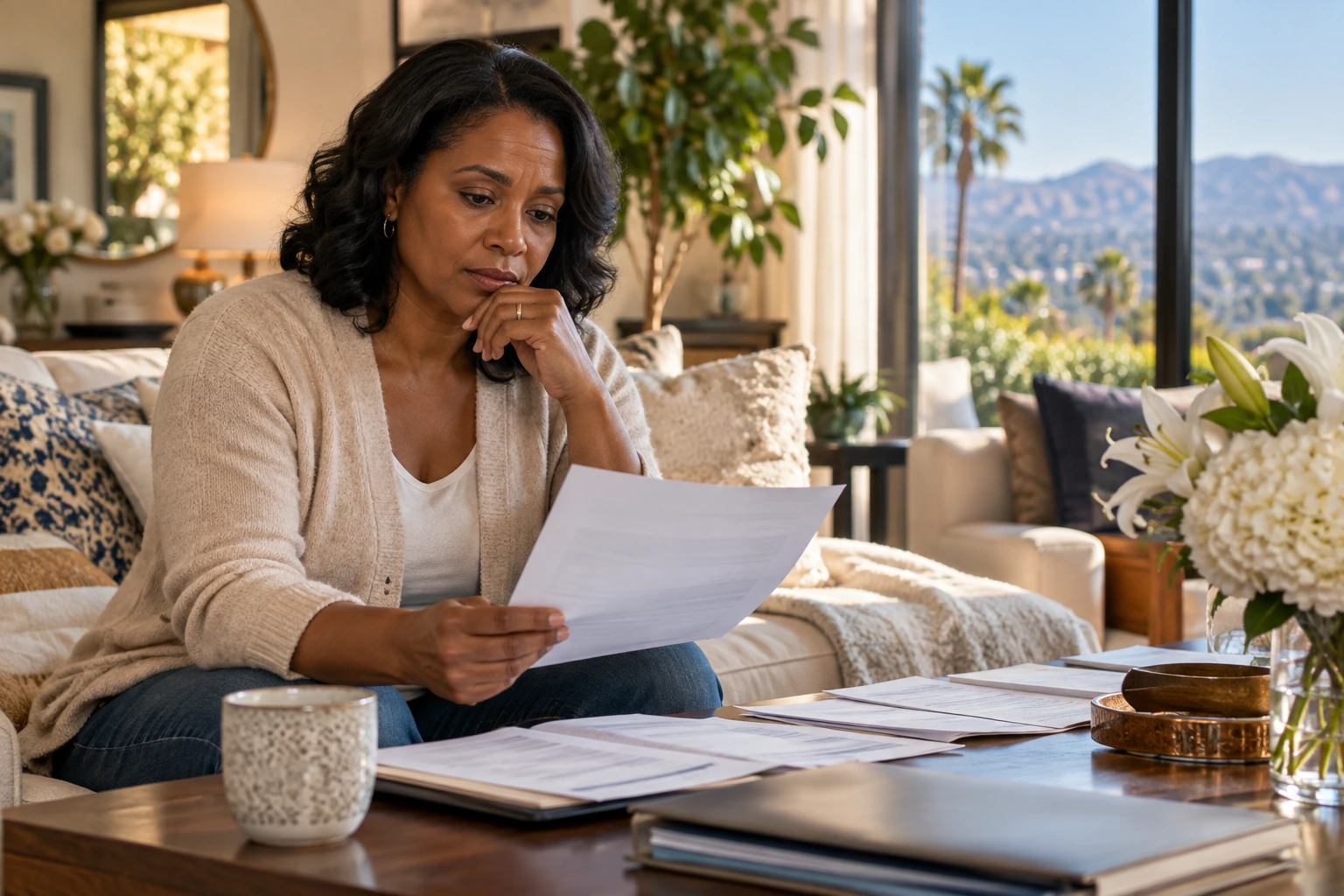 A surviving spouse reviewing home and mortgage papers in a quiet living room