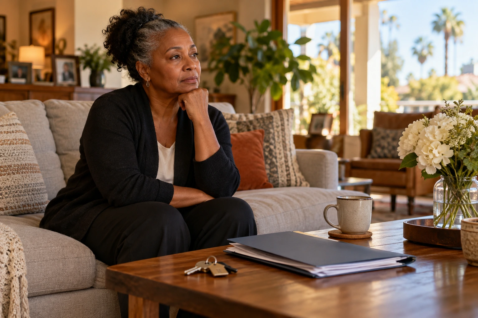 A surviving spouse sitting quietly with house keys and sale papers
