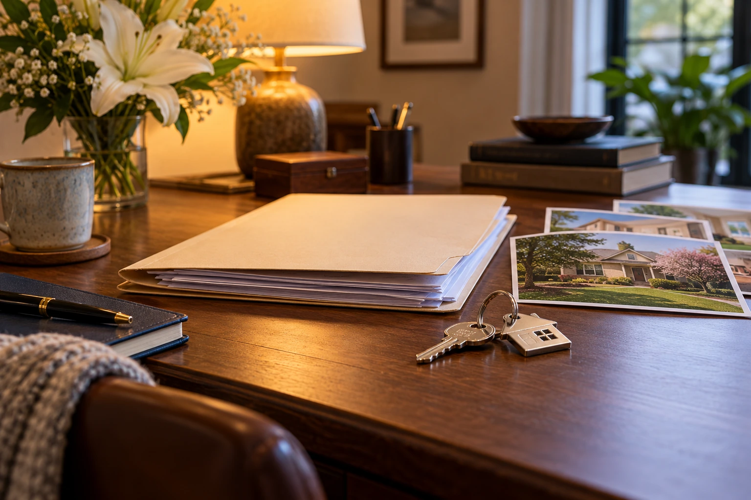 Joint title paperwork and house keys in a quiet home office