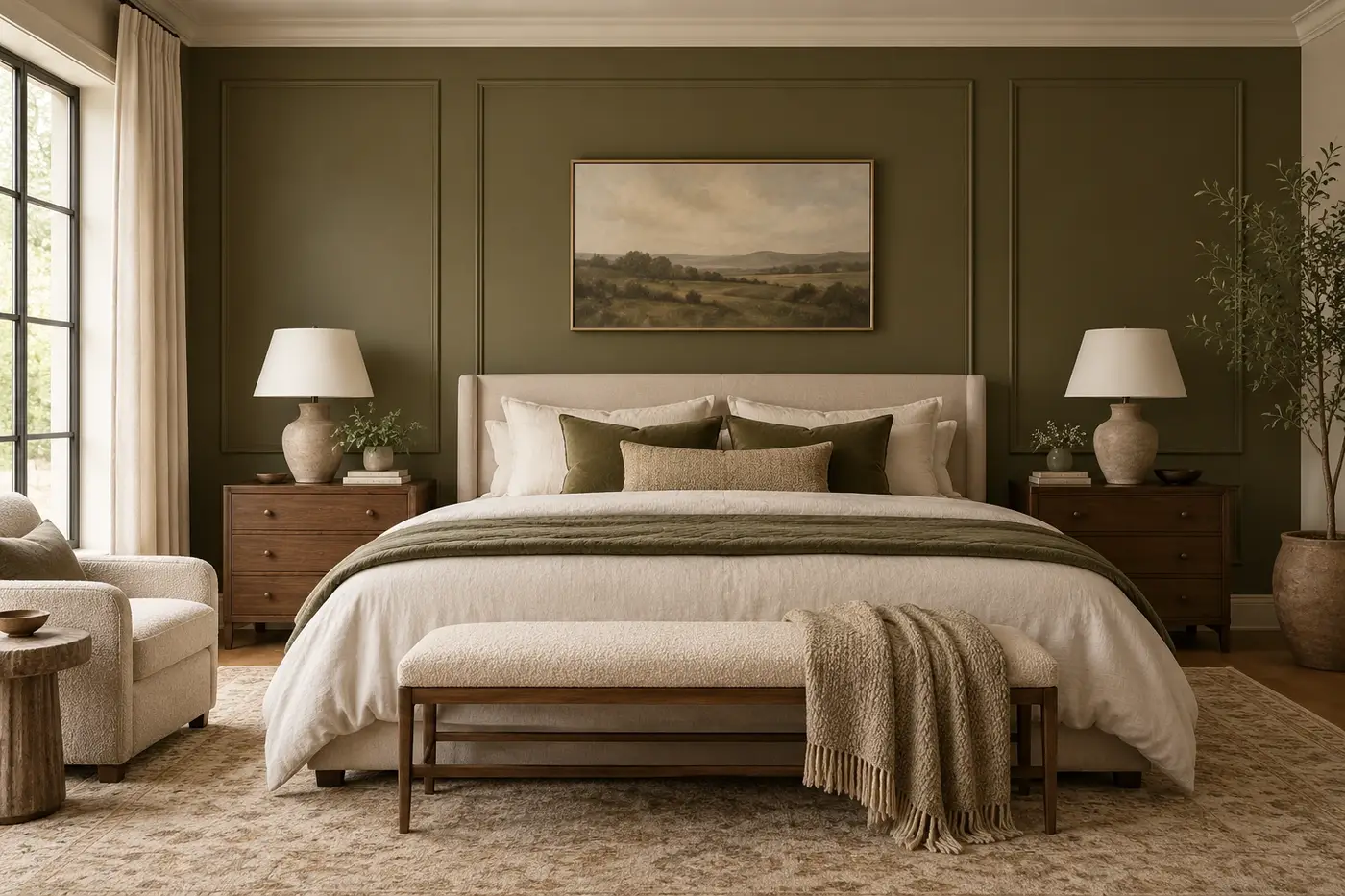 Bedroom paint, furniture, lighting, and artwork brought together in one room