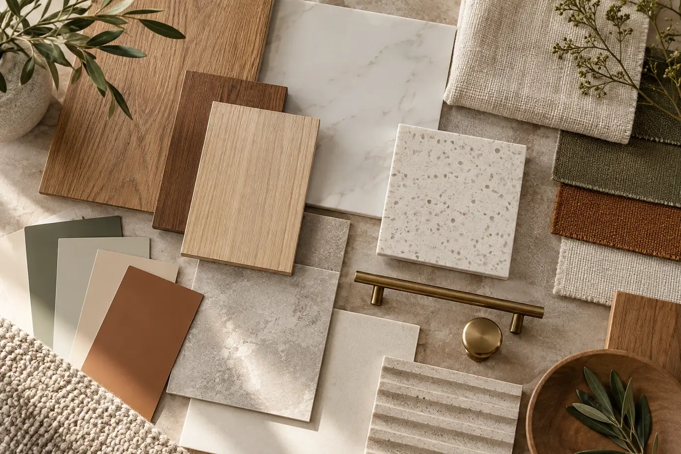 Wood, stone, fabric, and finish samples for a coordinated interior