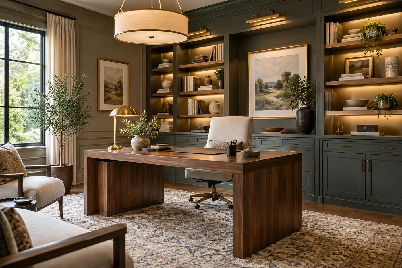 An office with a desk, seating, shelving, and clear walking space