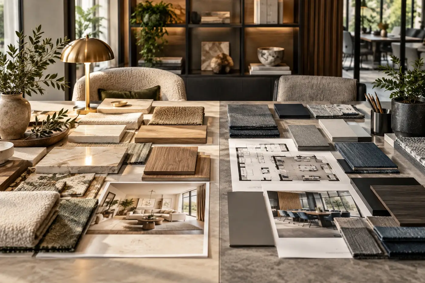 Interior design plans and material samples arranged in a furnished room