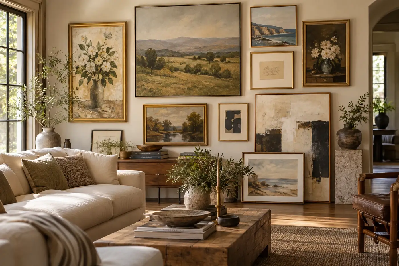 A living room with a complete gallery wall, textiles, and decorative objects