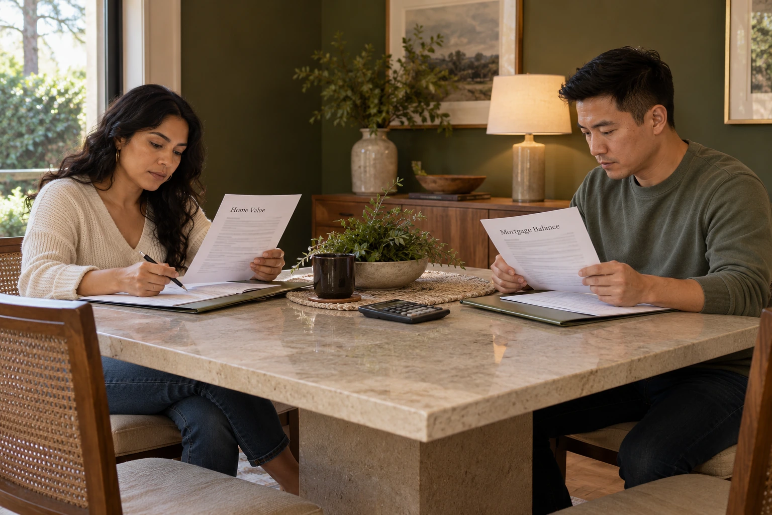 Home equity division paperwork and keys on a polished desk