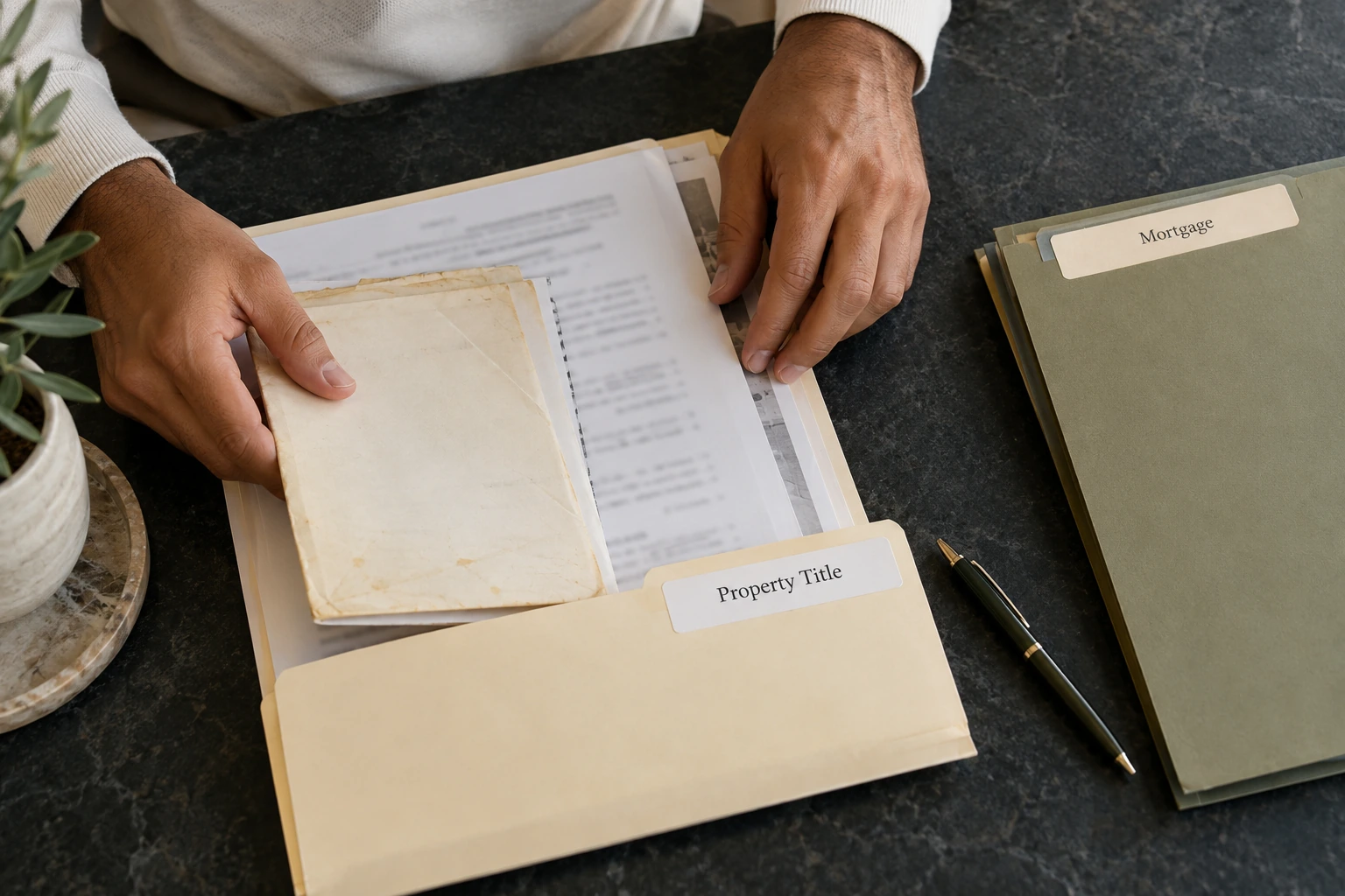 Organized divorce housing records and keys on a refined desk