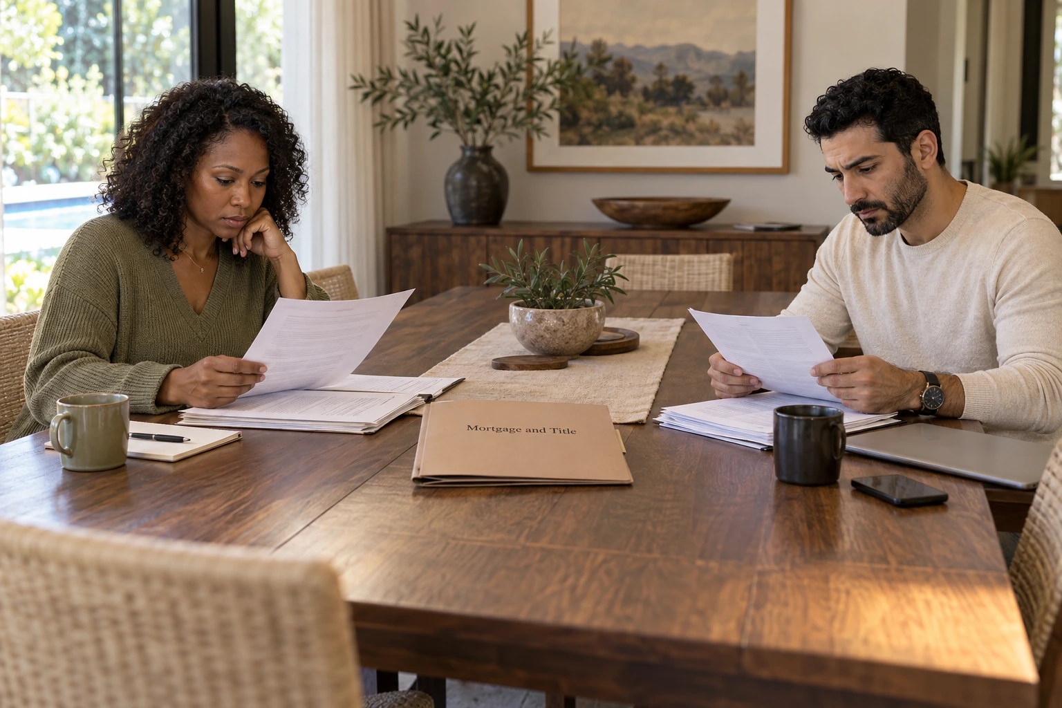 Two homeowners reviewing mortgage and ownership papers separately