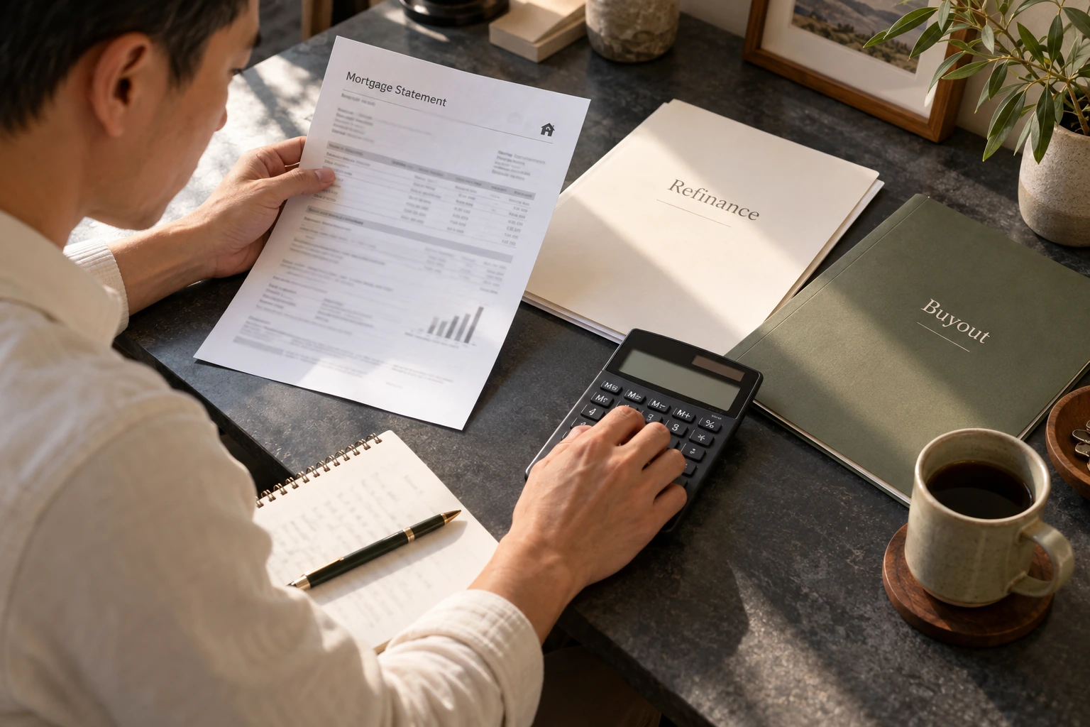 A homeowner comparing mortgage and refinancing paperwork for a buyout