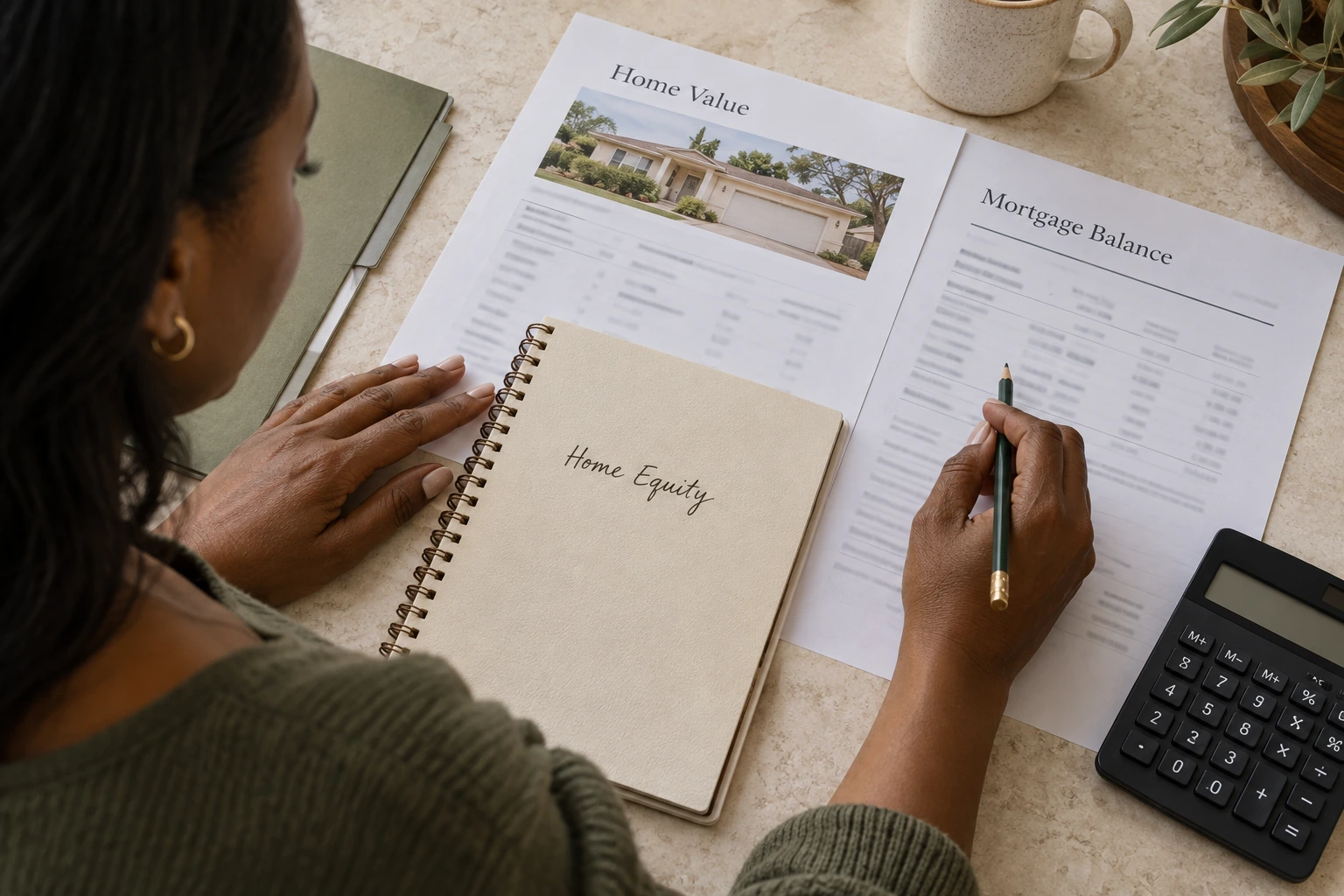 A homeowner comparing property value with the remaining mortgage balance