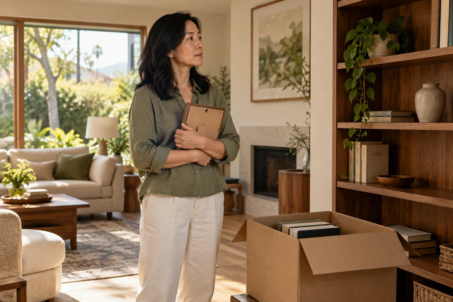 A homeowner considering her home and belongings before deciding whether to move