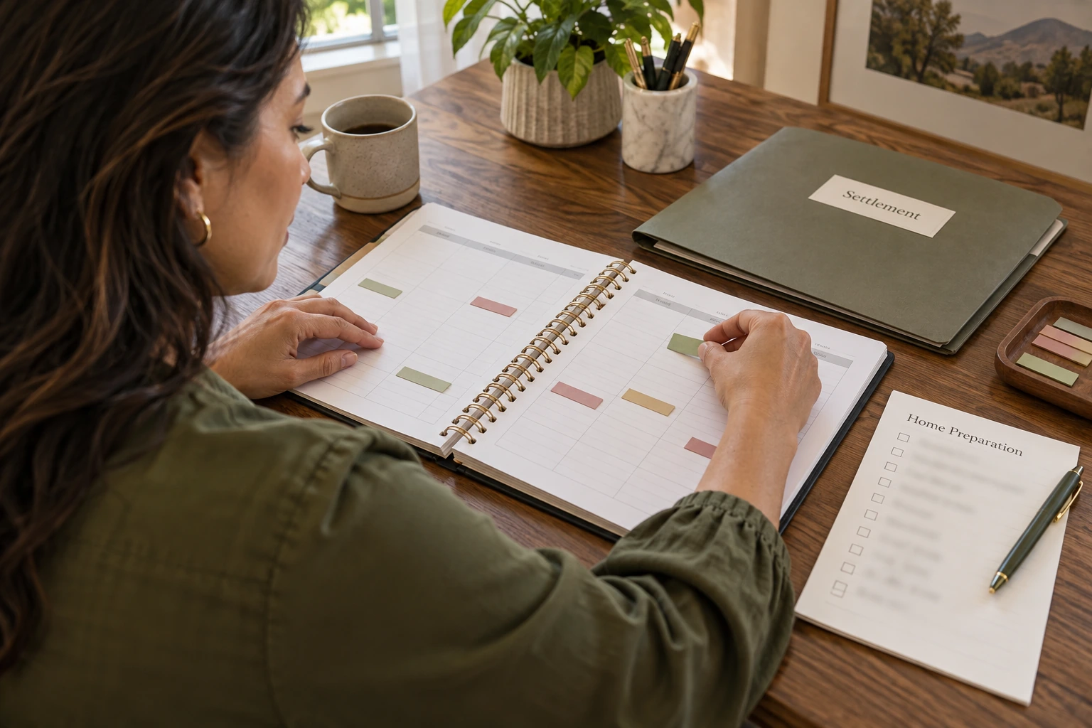 A homeowner organizing a home-sale calendar beside settlement paperwork