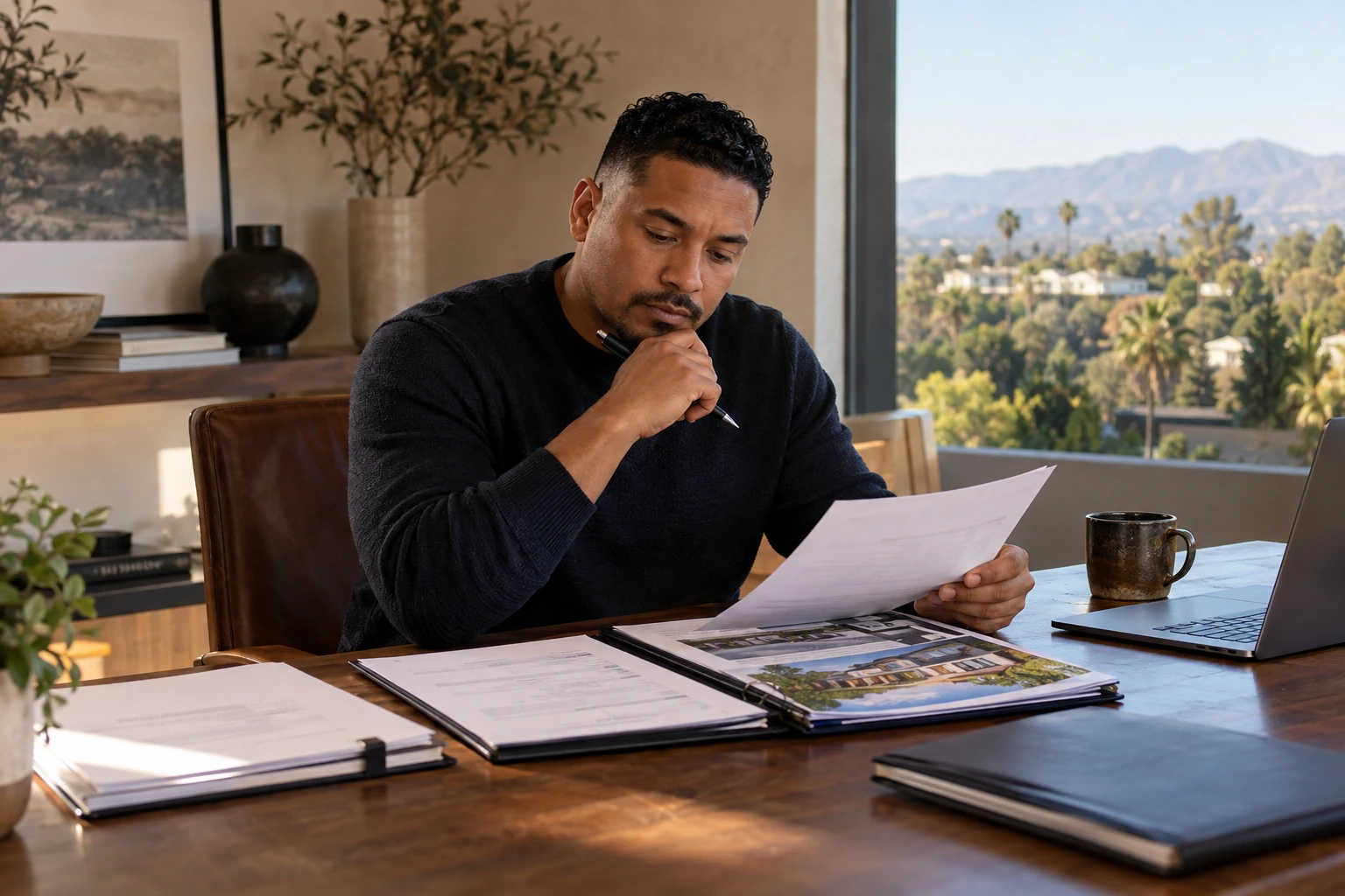 A homeowner reviewing preapproval notes for a new home while divorce documents stay organized nearby