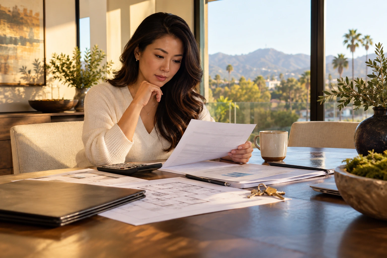 A homeowner studying home value and mortgage numbers for a spouse buyout