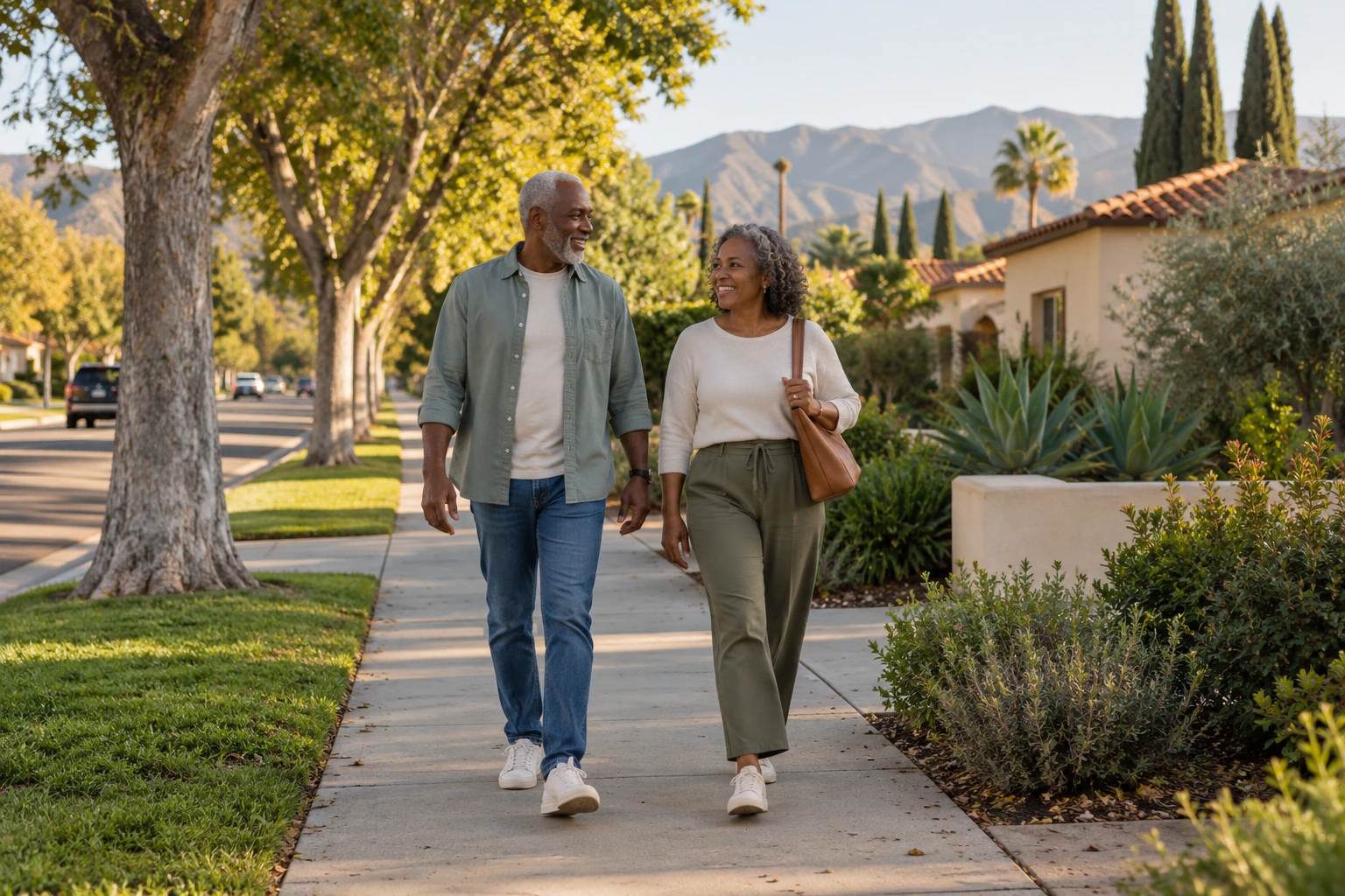 Homeowners exploring a residential neighborhood on foot
