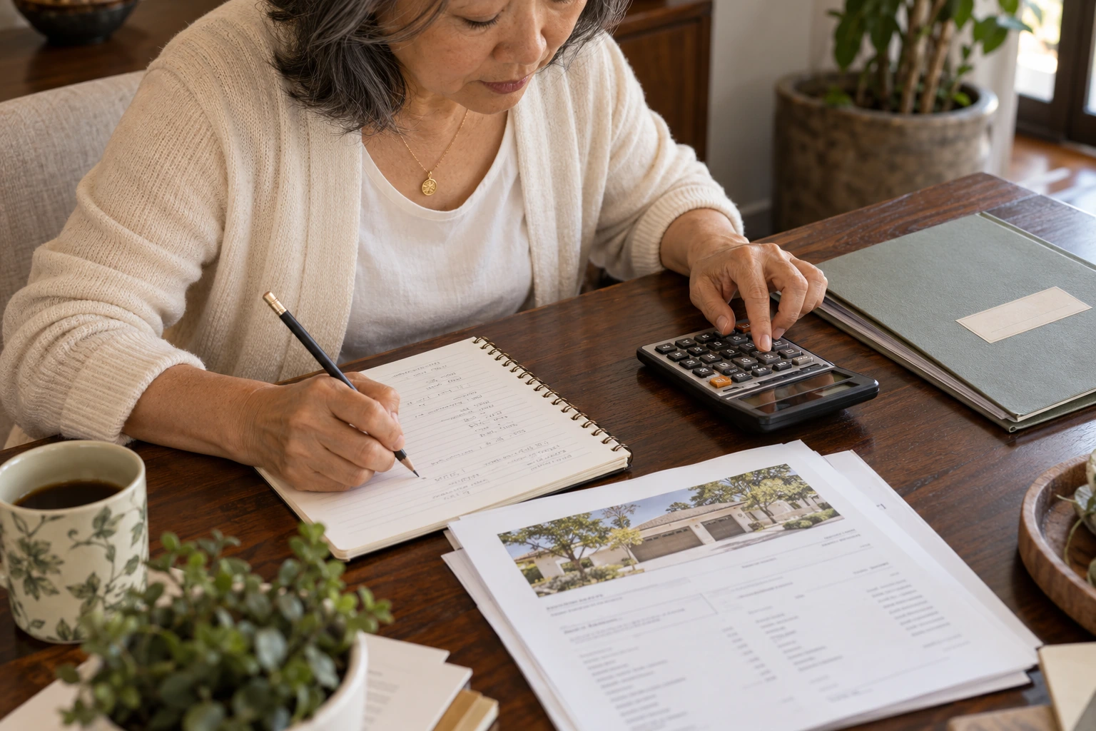 Downsizing savings paperwork with keys and a refined home setting