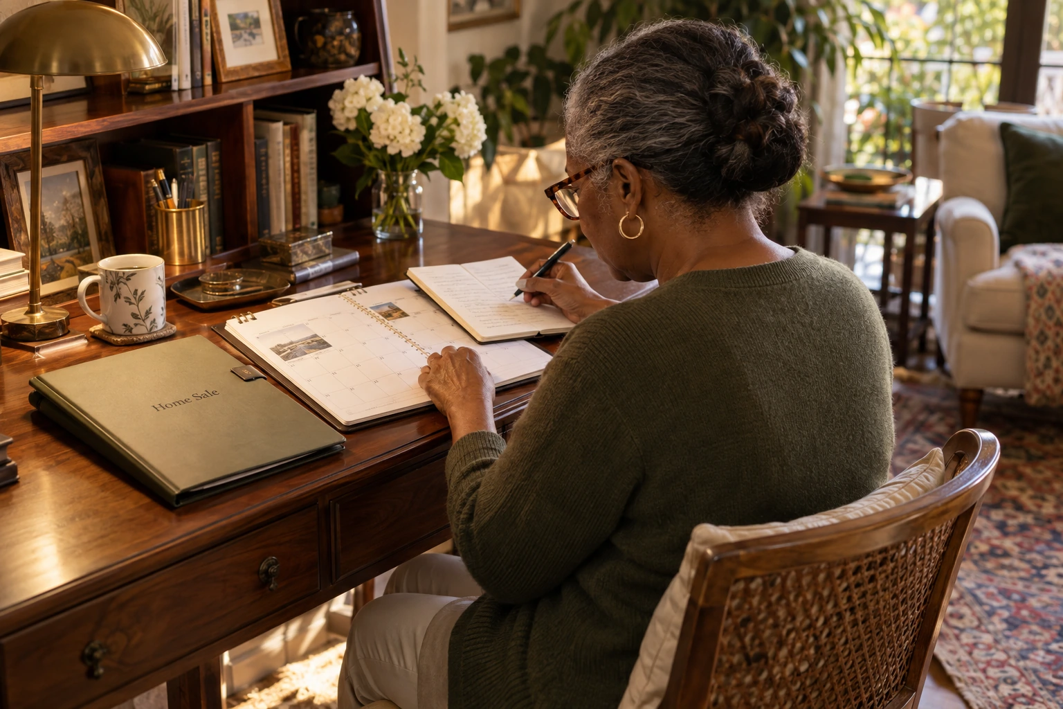 Empty nester reviewing timing notes before deciding whether to move