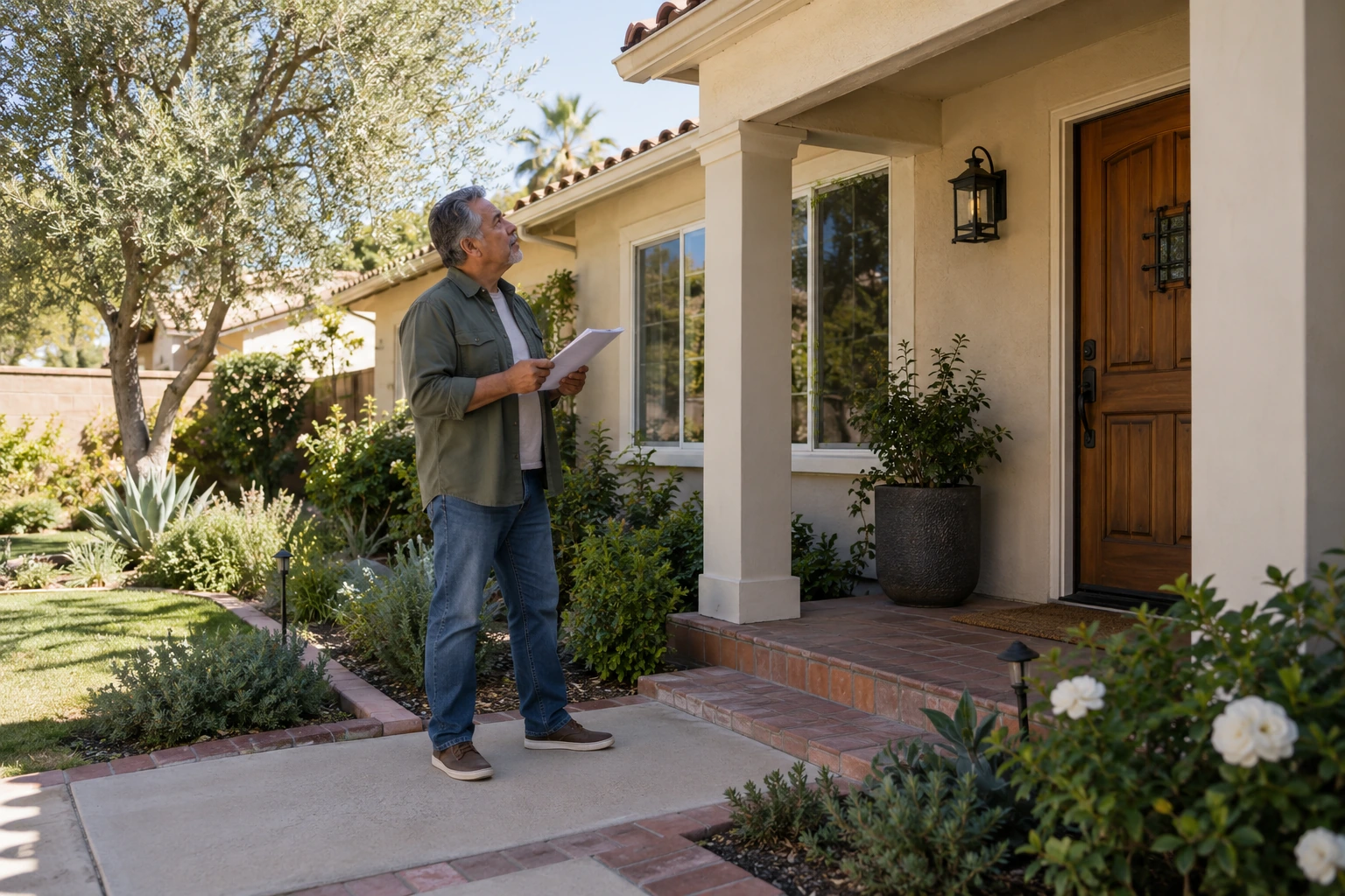 A homeowner checking the condition of his property before planning a sale