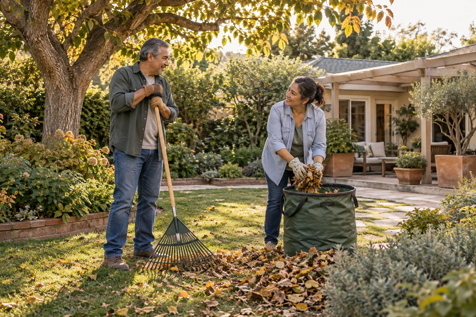 Homeowners handling yard work in a garden that requires regular upkeep