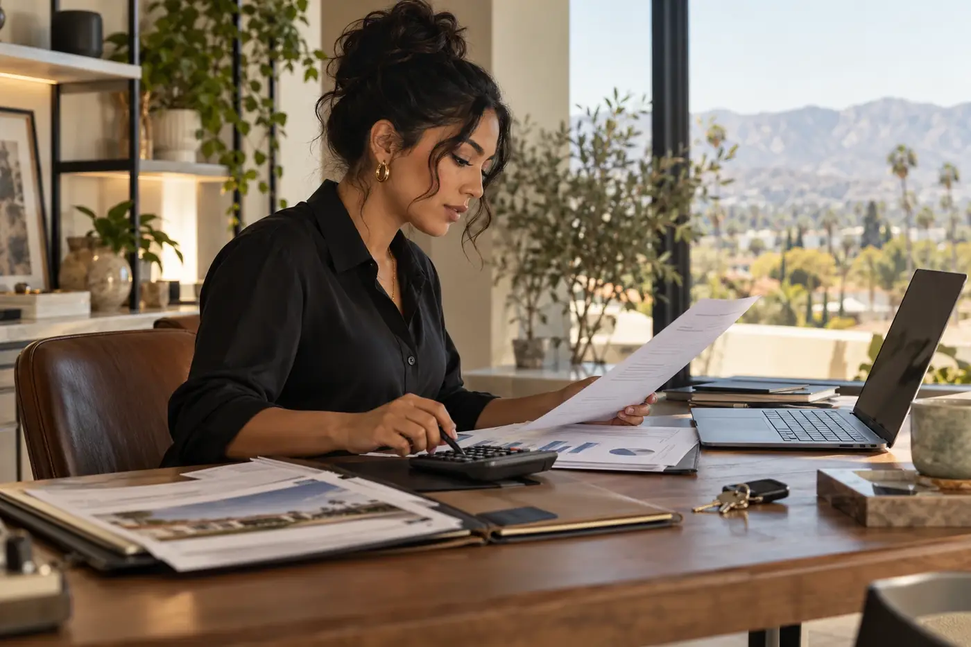 Self-employed buyer reviewing bank statement loan documents in a refined workspace