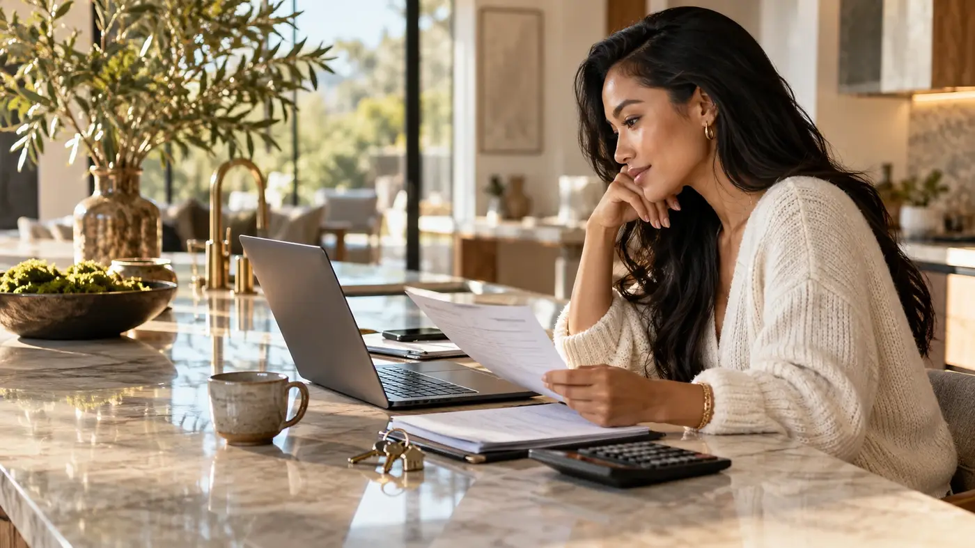 Buyer reviewing lender options with home financing documents and keys