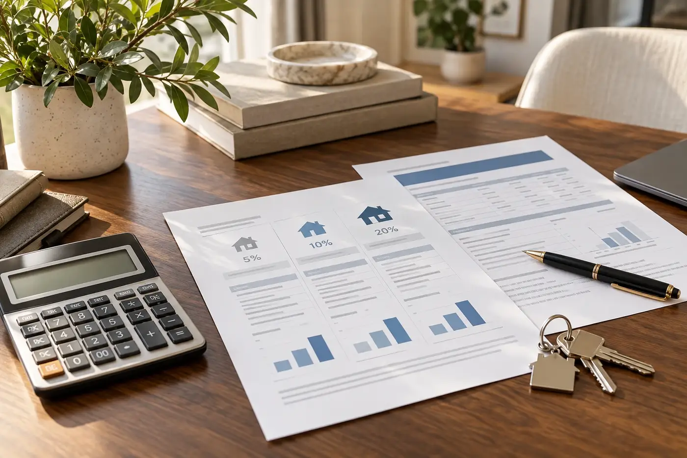Conventional loan comparison paperwork with keys in a refined home setting