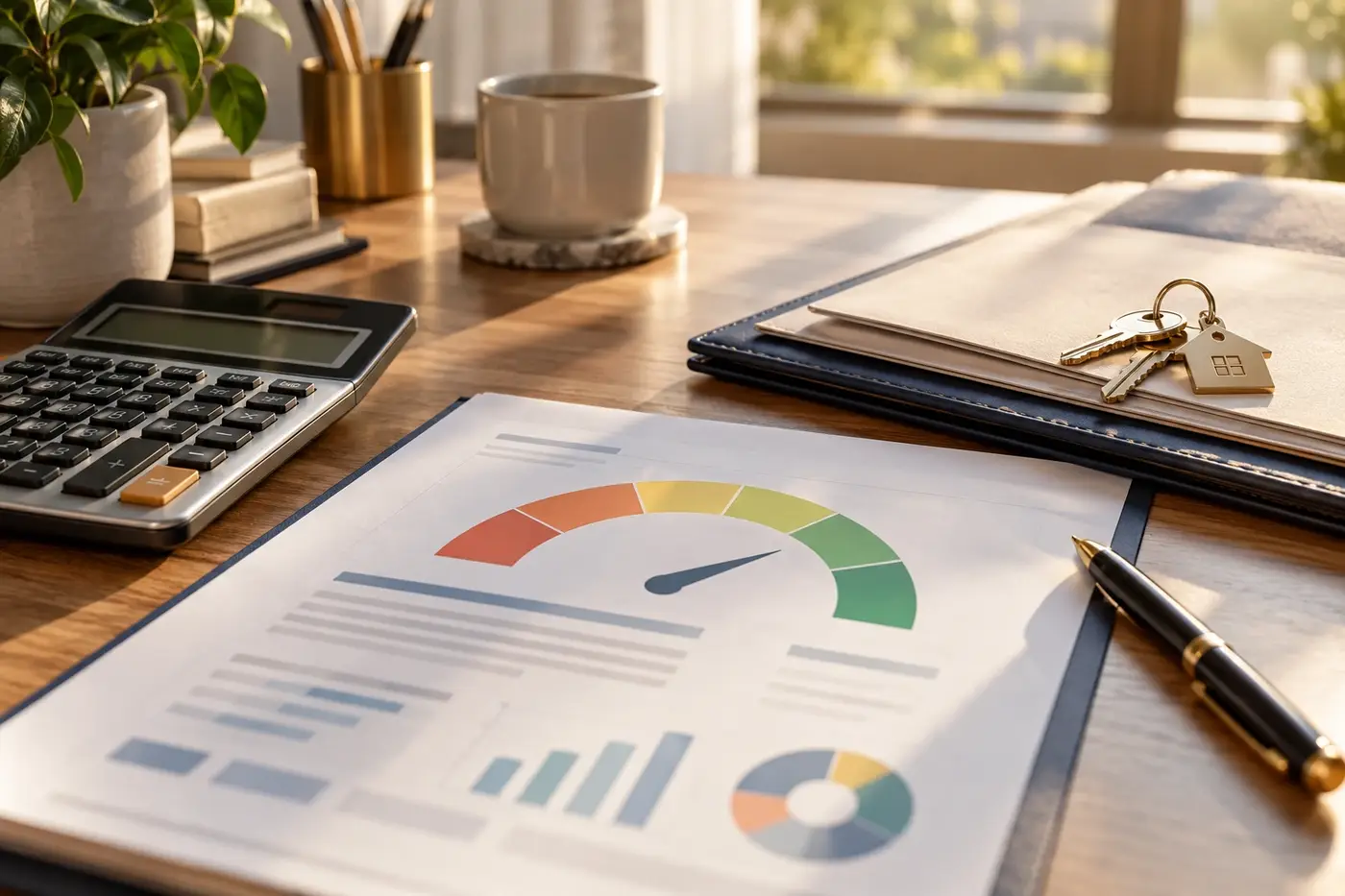 Credit score planning worksheet and mortgage documents on a refined desk