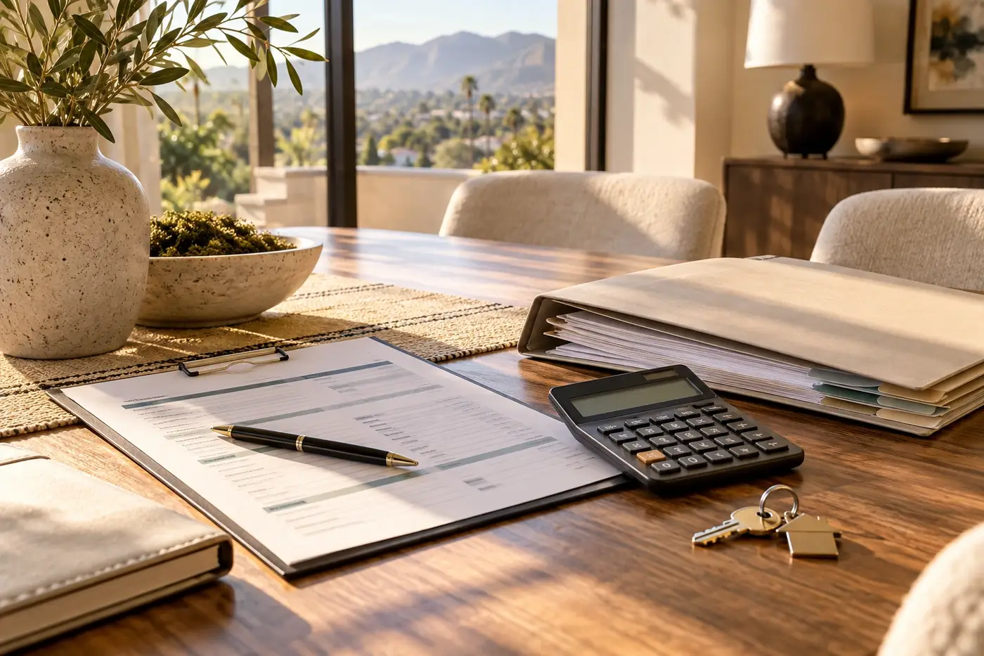 Down payment planning documents and house keys in a warm home setting
