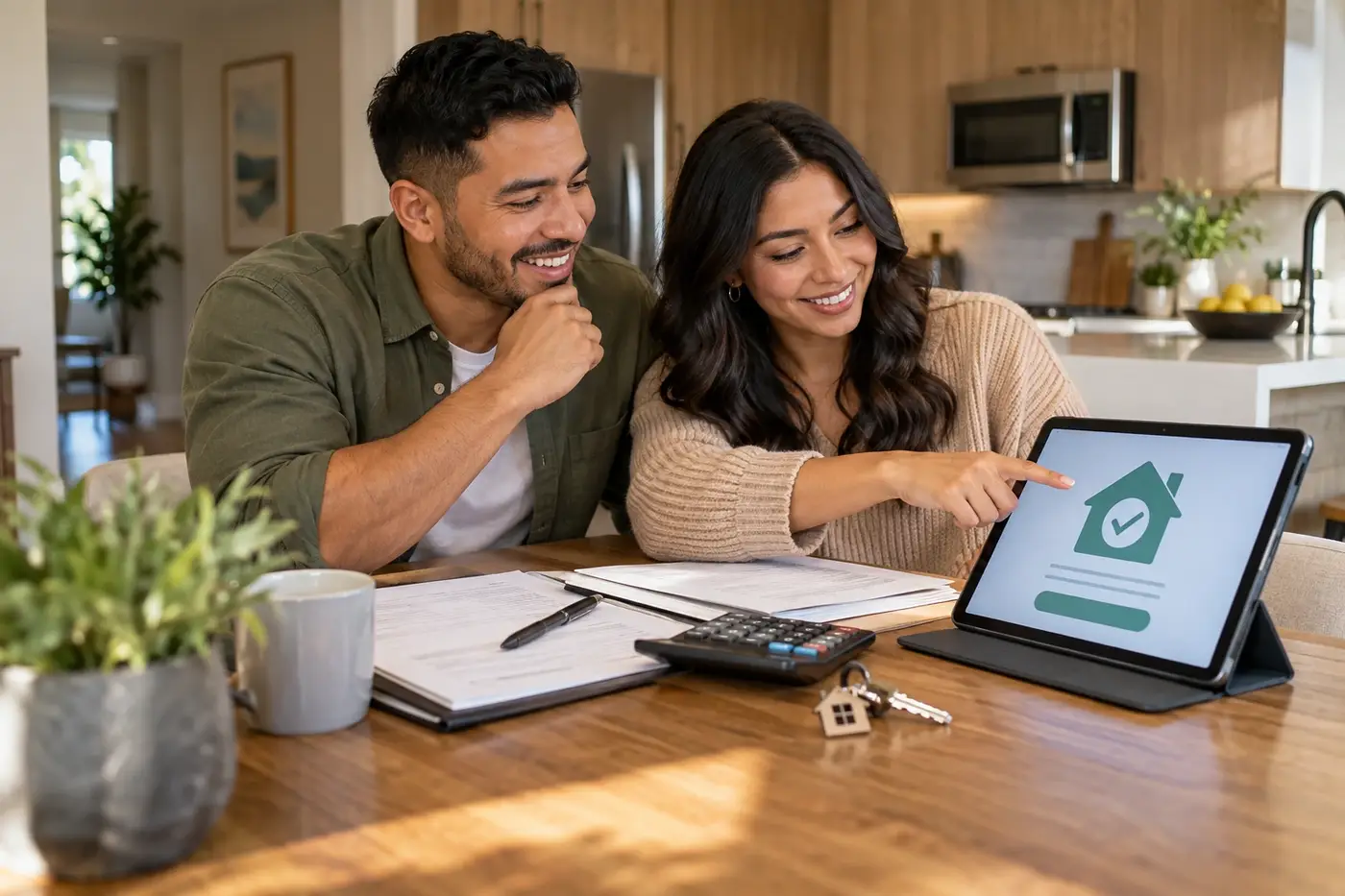 First home financing documents and keys on a polished kitchen counter