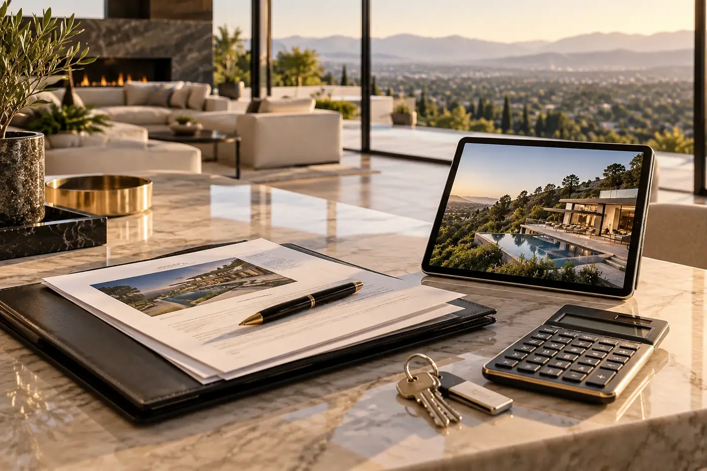 Luxury home financing documents beside keys in an upscale setting