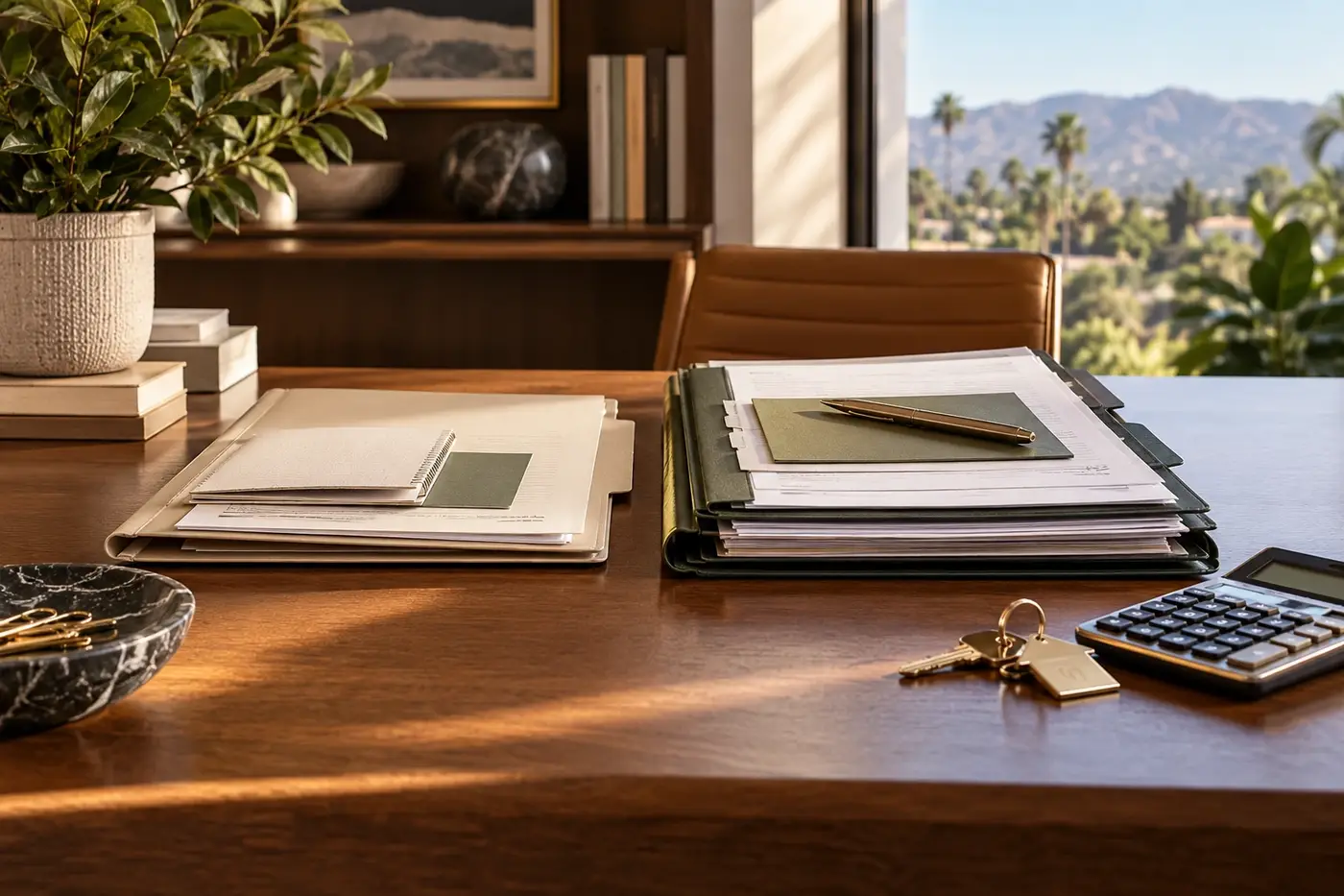 Side by side preapproval and prequalification folders with calculator and keys